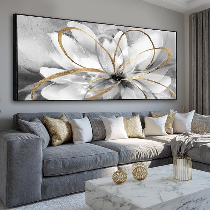 Grey Home Wall Decor Modern Canvas Prints White Flower Framed Wall Art 32"x70" Large Artwork for Living Room Pictures for Office