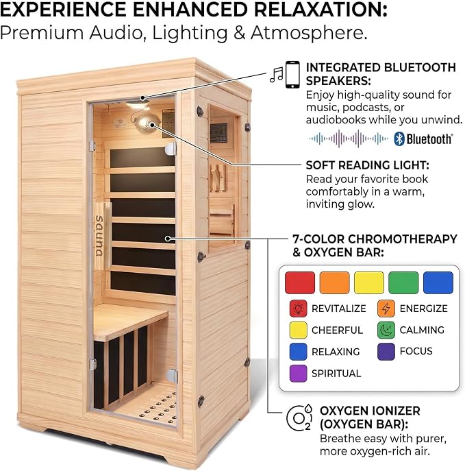 Far Infrared Home Sauna for 1 Person |1050W Low-EMF Sauna Room with Bluetooth Valentine's Day Gift for Her/Him, Wife, Husband, Couples | Canadian Hemlock Wood Indoor Spa for Bedroom, Gym, Basement