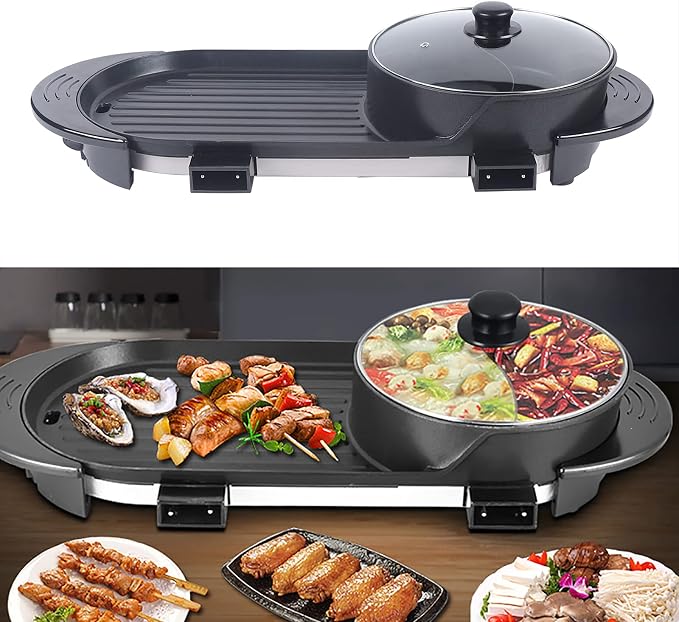 Non-stick Hot Pot with Grill, 2200W Shabu Shabu Hot Pot Korean BBQ Grill, Indoor Electric Hotpot and Grill Combo, Independent Temperature Control for Family and Friends Gathering(2-12 People)