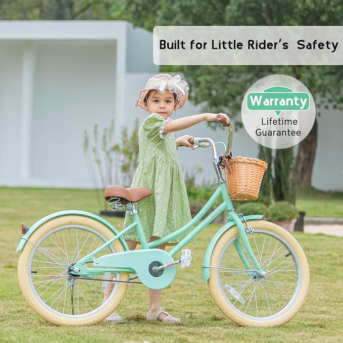 Glerc Little Molly 12-20 Inch Kids Retro Cruiser Bike for 2-13 Year Old with Wicker Basket & Training Wheels/Kickstand, Multiple Colors