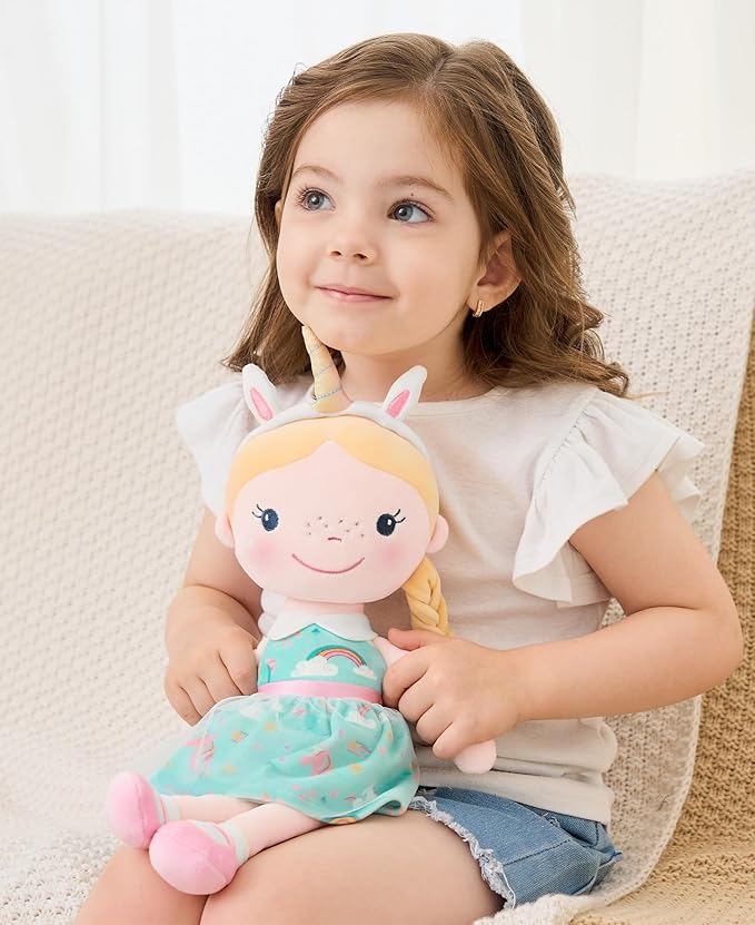 Soft Baby Doll Toys (16'') for Girls, My First Baby Rag Dolls for 1 Year Old Girl Birthday Gift Plush Doll Toys Machine Washable Baby Doll for Toddler Kids Infants - Unicorn Girl