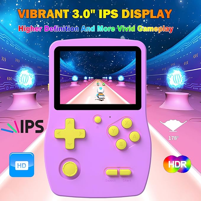 32 Bit Handheld Games for Kids Preloaded 139 Video Games, Portable Video Gaming Player with 3.0" IPS Screen and Rechargeable Battery, Mini Travel Games Electronic Gifts Toys for Boys Girls, Purple