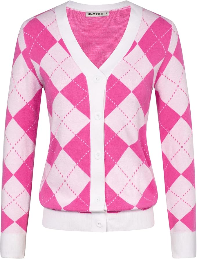 GRACE KARIN Womens Cardigan Sweater Fall Fashion Argyle Sweater Button Up Cardigan Teacher Outfits Preppy Clothes