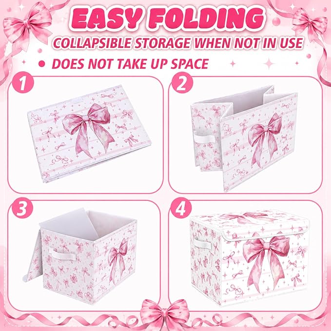 Briwooody Pink Bow Storage Bin with Lid and Carrying Handle Cute Coquette Foldable Storage Box Large Bow Knot Girly Decorative Collapsible Container Basket for Organizing Closet Home Bedroom Gift