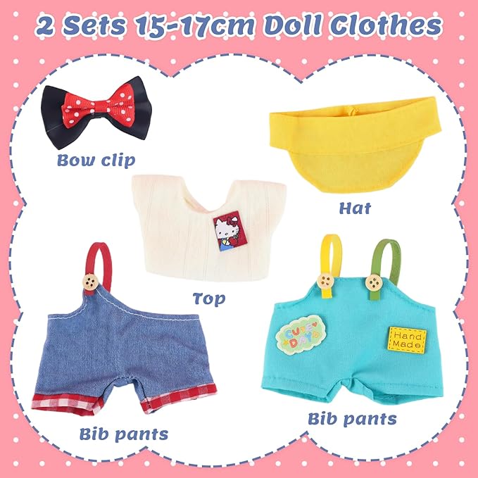 5-Piece Doll Clothes Set for 15cm & 17cm Mini Dolls – 2 Sets Outfits Accessories Suit with Bow Clip, Bib Pants, T-Shirt, and Hat for 17cm Doll (No Dolls & Shoes)
