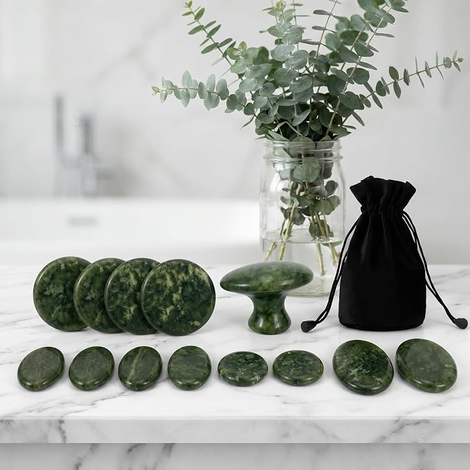 MTLEE 15 Pcs Hot Stones Massage Set Natural Green Jade Heated Warmer Stone, Round, Oval, Mushroom Shaped Hot Rocks, Body Gua Sha Massage Tool with Velvet Bag for Spa Relax, Relieve Tension (Classic)
