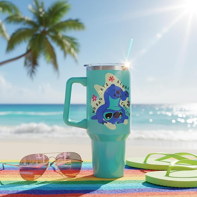 Silver Buffalo Disney Lilo and Stitch Aloha No Bad Days Chillin’ Double Walled Stainless Steel Tumbler with Handle and Straw, Fits in Standard Cup Holder, 40 Ounces