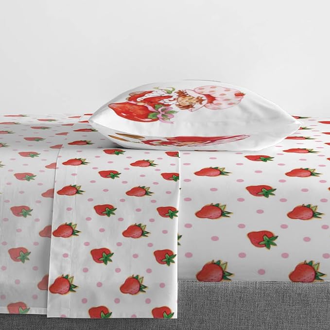 Jay Franco Kids Sheet Set with Fitted, Flat Sheets & Pillow Cover - Ultra-Soft Bedding with Pillowcase for Room Decor, White - Strawberry Shortcake, 3 Piece Twin