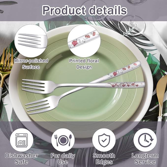 4Pcs 8" Korean Forks, Korean Fork with Floral Pattern | Stainless Steel, Kitchen Forks, Mirror Finish, Flatware for Dinner Salad Dessert Home Restaurant Use