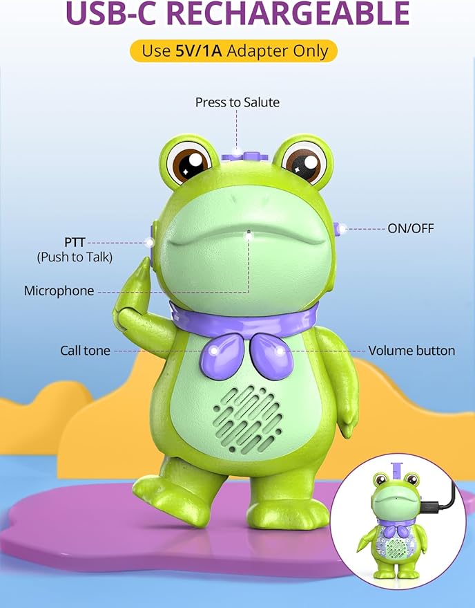 Walkie Talkies for Kids Rechargable 3 Pack,Cute Saluting Frog Toy,Toddler Playset Indoor Outdoor Toy with Stickers, Birthday Gift for 3 4 5 6 7 8 Year Old Girls Boys