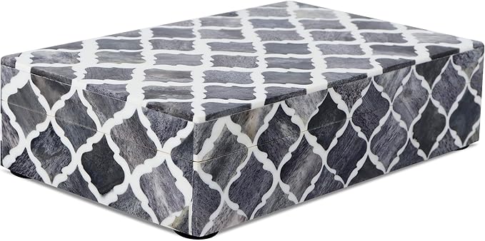 Handicrafts Home Small Decorative Storage Box with Lid, Moroccan Jewelry Keepsake Trinket Box Organizer, Wooden Coffee Table Dresser Storage Box, Gray, 8 x 5 x 2 Inch, Moroccan Collection
