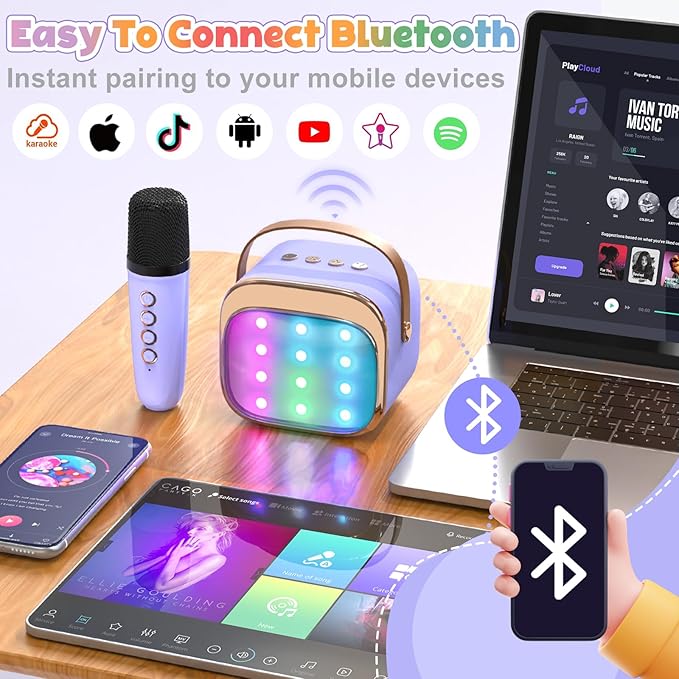 FLUESTON Mini Karaoke Machine for Kids Adults, Portable Bluetooth Speaker with 2 Wireless Microphones, Valentines Gifts for Kids, Toys for Girls Ages 3, 4, 5, 6, 7, 8, 9,10,11 + Years Old