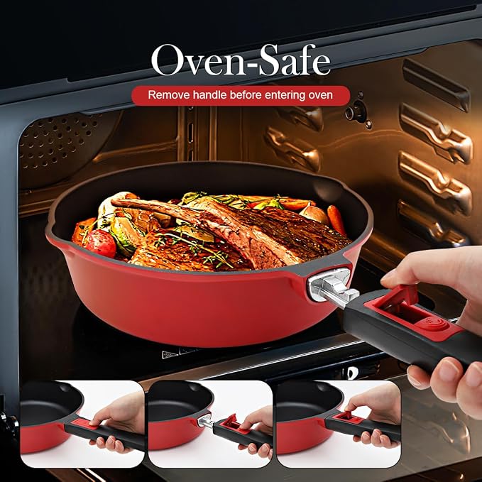 12 Inch Deep Frying Pan with Lid, Large Nonstick Skillet, 5 Qt Saute Pan with Detachable Handle, Compatible with All Stoves, Induction Ready, Oven Safe, PFOA Free, Red