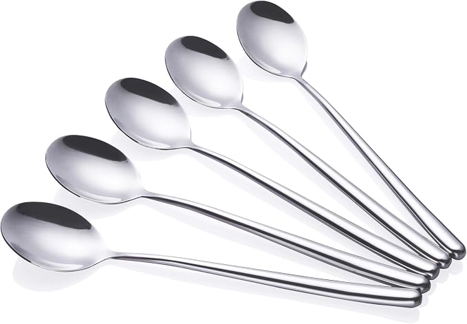 Korean Spoon,Stainless Steel Long Handle Soup Spoons,Long Tablespoon,Coffee Spoon,Silver,Pack of 5 (8.7x1.6 inches)