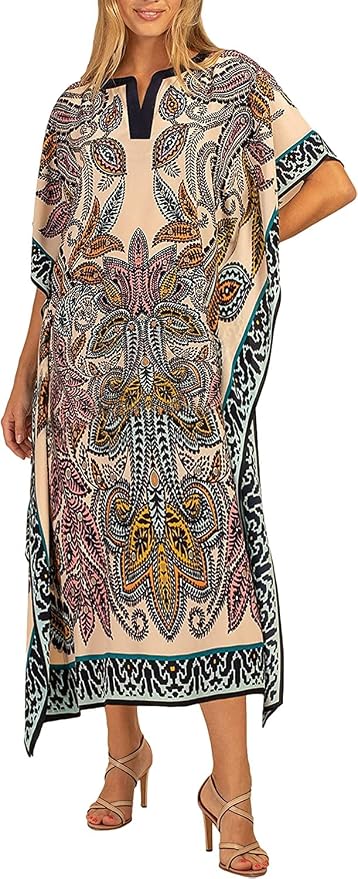 Venasha Womens Caftan Floral Print Kaftan Dress Short Sleeve Swimsuit Cover up Loungewear for Summer