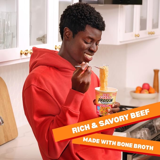 Nissin Cup Noodles Protein Ramen, Beef Flavor with Bone Broth, 16g Protein, 2.54 Ounce Cup (Pack of 6)