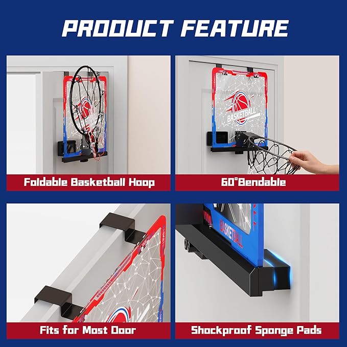 Mini Indoor Basketball Hoop with 7-Color Lights & 3-Light Effects & Scoreboard & Timer,Over The Door Bedroom Office Basketball Hoop for 5-7 8-12+ Year Old Kids Boys Birthday