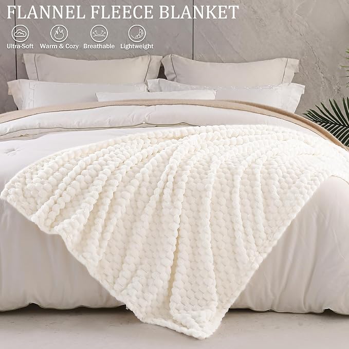 Exclusivo Mezcla 3D Fleece Queen Size Blanket for Bed, Ivory | Extra Soft Fuzzy Plush Lightweight Bed Blankets, Cozy Fluffy Decorative Blankets for All Seasons, 90x90 Inches