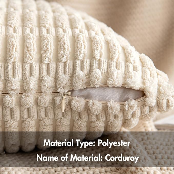 MIULEE Corduroy Decorative Throw Pillow Covers 18x18 Cream White Pack of 2 | Soft Boho Striped Pillow Covers Modern Farmhouse Home Decor For Sofa Living Room Couch Bed
