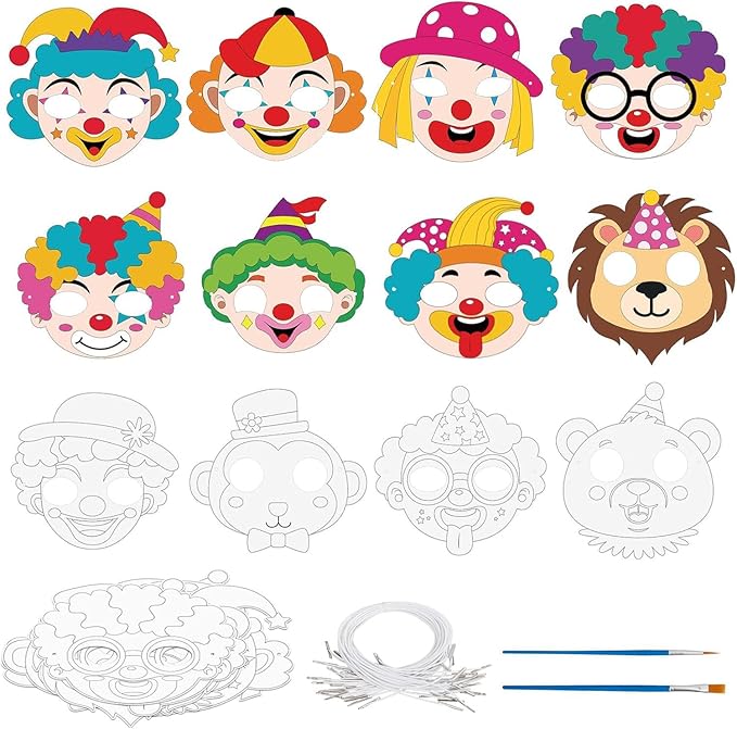 24 Pcs Circus Crafts for Kids Color Your Own Clown Masks DIY Coloring Circus Arts and Crafts for Circus Party Supplies Birthday Carnival Halloween Thanksgiving Cosplay Dress Up World Book Day
