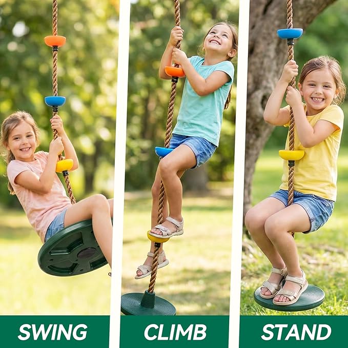HeyZoo Tree Swing for Kids 330LB Capacity, Climbing Rope with Platforms and Disc Swing Seat Set Outdoor Backyard Playground Accessories with Carabiners and Thickened Strap, Green