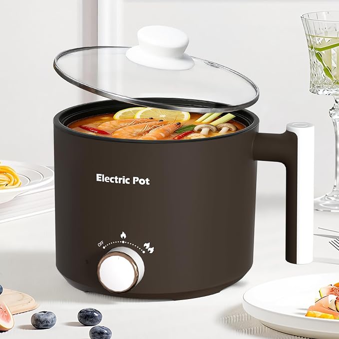 Electric Hot Pot 1.5L Nonstick Ramen Cooker for One-Person | Dual Power Setting for Hot Pot, Pasta/Soup/Oatmeal/Egg, Portable for Dorm/Travel, Overheat & Boil-Dry Protection(Brown, 1.5L)