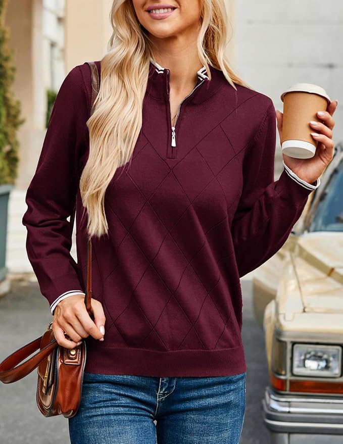JACK SMITH Quarter Zip Pullover Sweaters for Womens, Rib Polo Sweater Tops | V Neck,Knit,Long Sleeve,Argyle,Open Pattern,Callar,Lightweight,Fashion,Golf Work Business Daily Wear Versatile Pullover Shirt