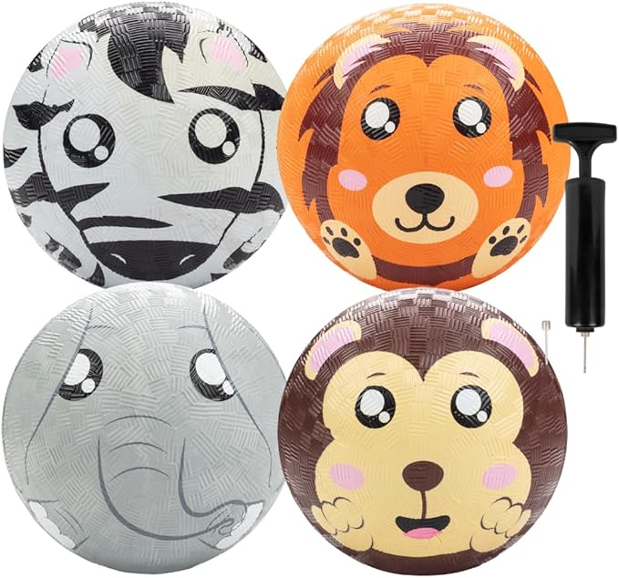 GagaBall 5 Inch Playground Balls with Air Pump (4 pk, Animals) - Durable Rubber Balls Official Size for Dodgeball & Handball - Great for Outside Play, 4 Square & Game to Play at Kids Birthday Parties