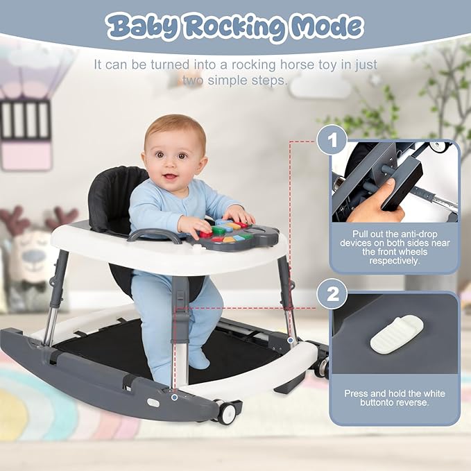 5-in-1 Baby Walker for Boys and Girls Music and Lights 6-18 Month, Foldable Baby Walkers with 5 Adjustable Heights, Infant Toddler Walker with Wheels and Combo Portable（Dark Gray）
