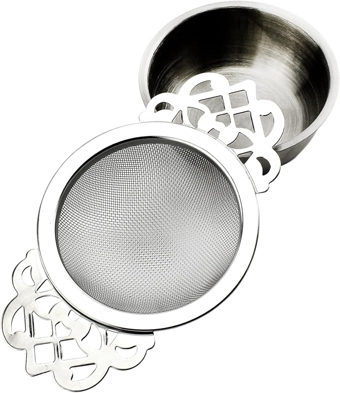 SOLSTICE TEA TRADERS Empress Tea Strainers with Drip Bowls (Pack of 2) Elegant Stainless Steel Loose Leaf Tea Strainers