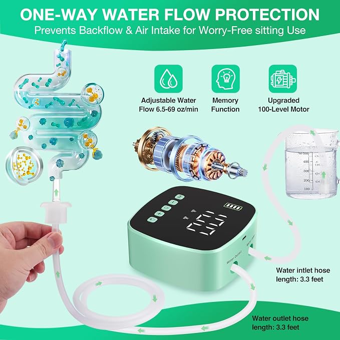 Enema Kit - Electric Enema Kit for Colon Cleanse & Detox for Women Men - Coffee Enema Kit with LCD Display & 1-100 Adjustable Pressure, 2 Type Replacement Nozzles, External Water Supply(Green)