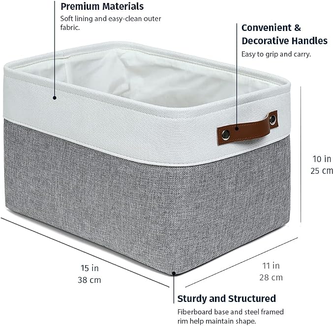 OrganiHaus 15x11in Canvas Storage Baskets 3 Pack - Fabric Bins for Shelves | Vegan leather handles; a decorative closet organizer for clothes, shoes, or toys; bedroom container