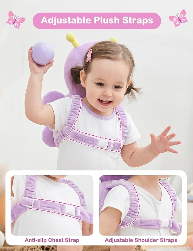 JunNeng Baby Head Protector Backpack, Toddler Walking Fall Head Protection, Purple Butterfly