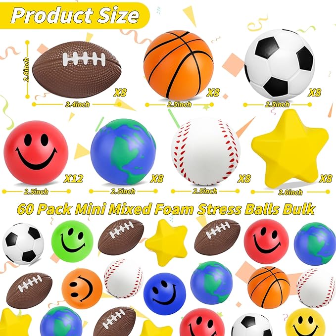 60 Pcs Sports Balls Bulk Kids Small Mini Stress Ball for Party Favor Toy, Including Basketball, Baseball, Football, Globe, Soccer, Star, Smile for Stress Relief School Prizes Carnival Fillers Gift