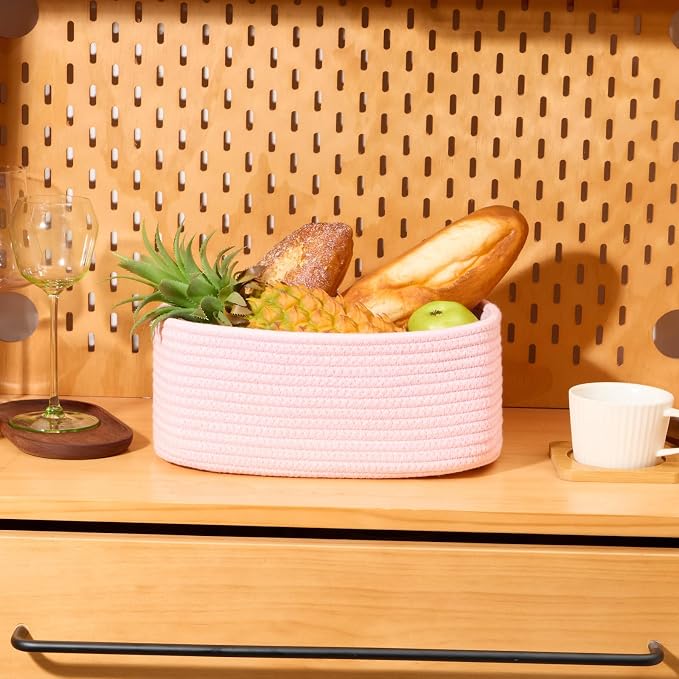 MiniArk Small Storage Baskets for Organizing | Closet Organizer Bins | Shelf Toy Basket | Woven Rope Baskets | Cube Decorative Box | Shallow Basket | 11.5x7.5x4.7” | 4 Packs Light Pink