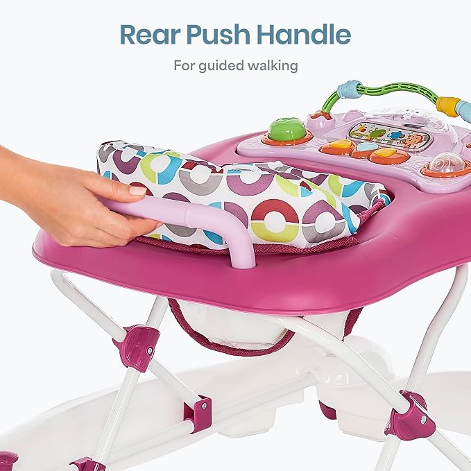 Dream On Me Go-Getter Baby Walker with Rear Push Handle, 2-in-1 Activity Walker and Walk-Behind, 3 Height Adjustments, Easy to Fold, Machine-Washable Seat Pad, Detachable Fun Tray, Pink