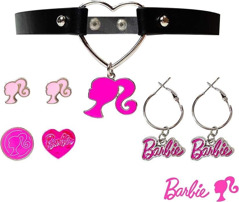 LUV HER Barbie themed 2-Piece Adjustable Ring Set, a pair of stud and hoop earrings, and a choker for Girls - Barbie Themed Charms, Universally Fitting & Stylish Gifts - Ages 4+