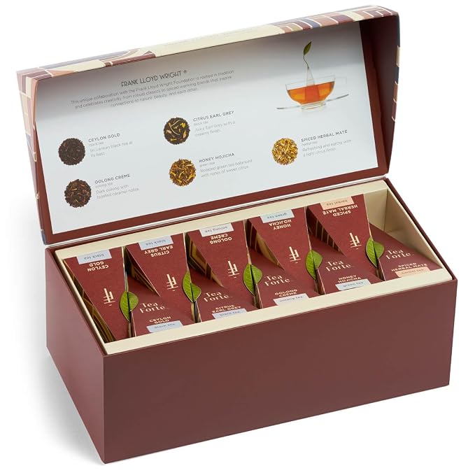 Tea Forte Premium Presentation Box Gift Set Sampler, 20 Count, Assorted Blends Individually Wrapped Handcrafted Pyramid Infuser Bags, Frank Lloyd Wright