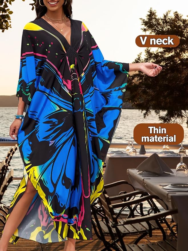 ChiaoLezhee Print Moo-Moos for Women, Kaftan Cover-Up Dresses, Sexy V-Neck High-Slit, Beach Pool-Party Coverups Muumuu Plus