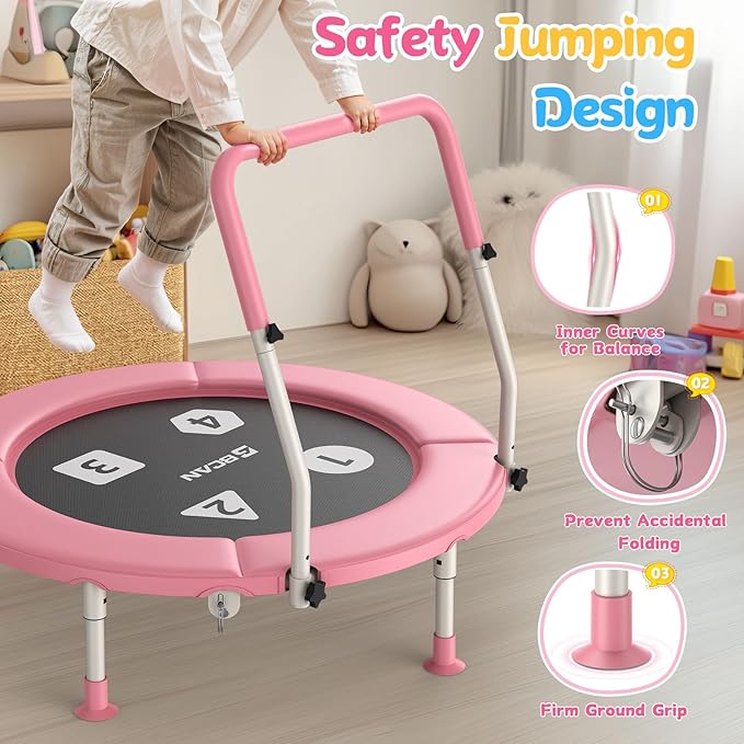 BCAN BT1 36'' Toddler Trampoline, ASTM Certified-Foldable Mini Trampolines for Kids Ages 1-6, Adjustable Handle, Safety Pad & Foldable Legs, Baby Trampoline Indoor/Garden, Gift for Boy and Girl