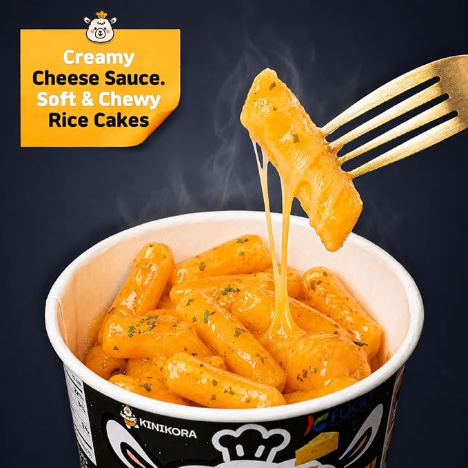 KINIKORA Cheese Instant Rice Cake Cup 6-Pack, Korean Street Food Tteokbokki | Rich cheesy creamy sauce, Topokki style K-food, Chewy texture, Quick 2 min microwave cup meal, 6-pack bundle set