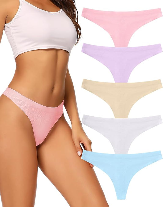 voenxe Seamless Women Underwear Thongs,No Show Ladies Thong,No Line Workout Breathable Comfortable Panties,Soft Undies,5-Pack