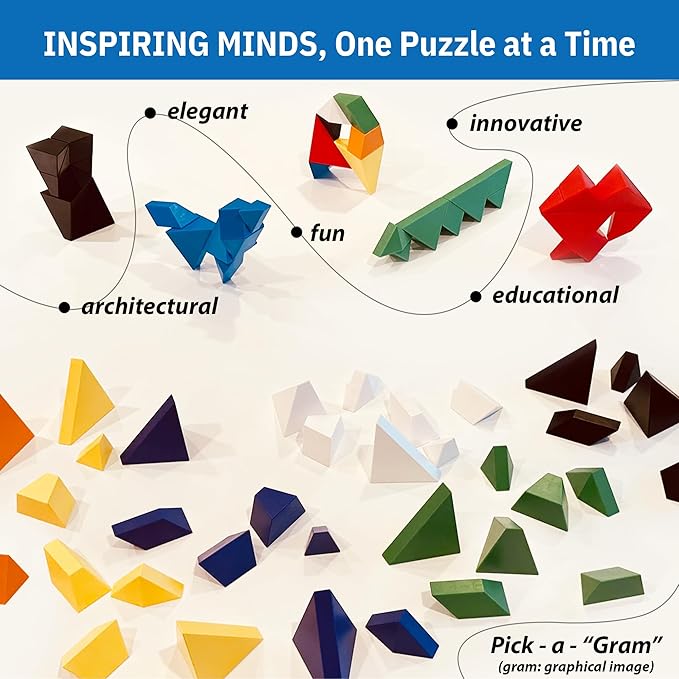 Pickagram Tangram 3D Magnetic Puzzle for Kids (8-12), Adults & Seniors | STEM Certified Fidget Puzzle - Magnetic Pattern Blocks for Cognitive Development, Creativity & Focus - Orange