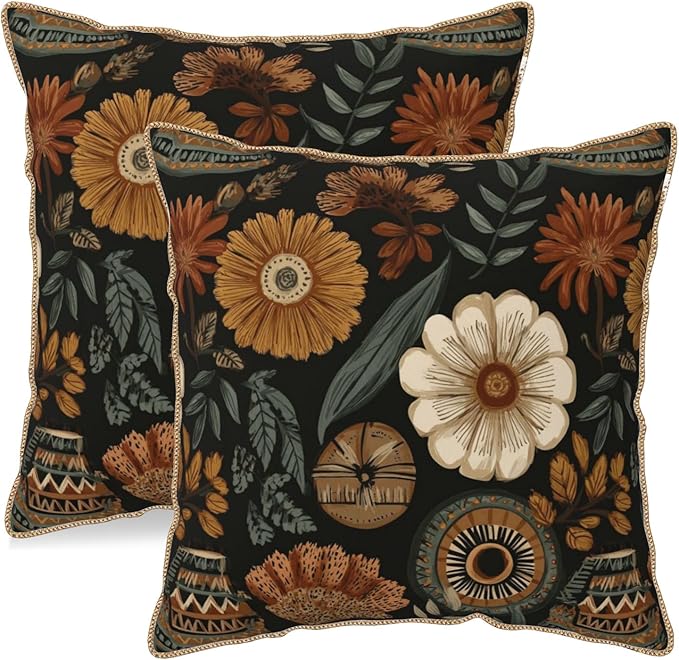 KSLIDS Boho Flower Soft Velvet Throw Pillow Covers Set of 2 Modern Abstract Retro Bohemian Flower Decorative Pillow Covers 18x18 Inch Mid Century Tropical Leaves Pillow Case for Sofa Couch Home Decor