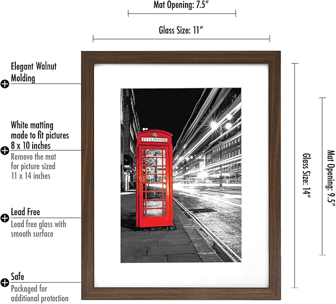 Americanflat 11x14 Picture Frame with Shatter-Resistant Glass - Use as 8x10 Frame with Mat or Display 11x14 Photo Without Mat - Signature Collection - Picture Frames for Wall Display - Walnut | Engineered Wood construction, Shatter-resistant glass, han...