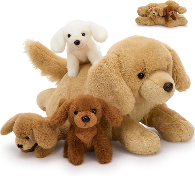 MaoGoLan 4pcs Golden Retriever Stuffed Animal with Babies Inside - 18" Mommy Dog Stuffed Animal with 3 Puppy Plushies, Soft Cute Stuffed Dog Plush Toys for Kids Girls Boys Gift