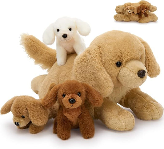 MaoGoLan 4pcs Golden Retriever Stuffed Animal with Babies Inside - 18" Mommy Dog Stuffed Animal with 3 Puppy Plushies, Soft Cute Stuffed Dog Plush Toys for Kids Girls Boys Gift