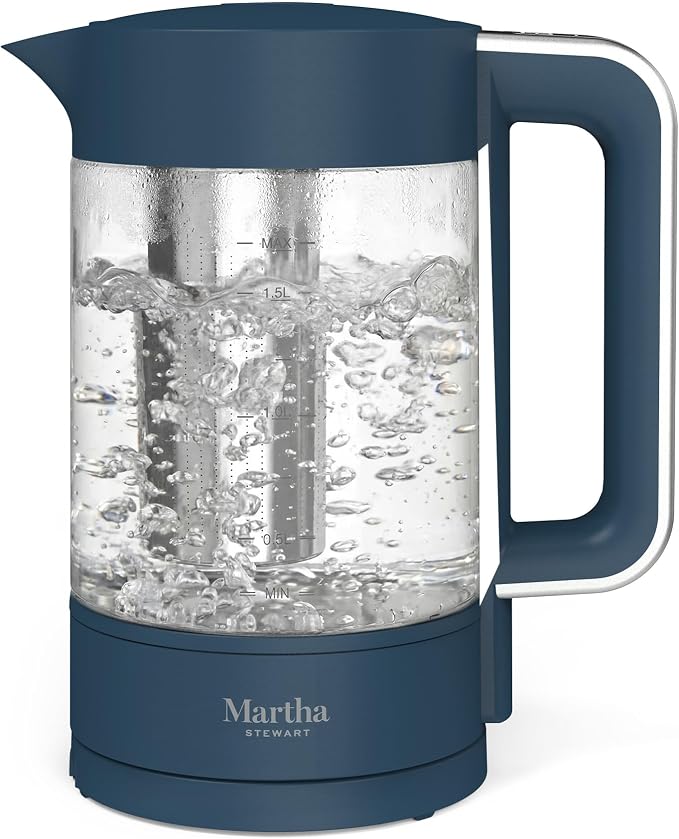 Martha Stewart Electric Kettle with Removable Stainless Steel Tea Infuser, Glass Carafe 1.7L (7 Cups), Hot Water Boiler, 4 Presets,  Keep Warm & Auto Shut-Off, Cordless 360° Swivel Base, Indigo Blue