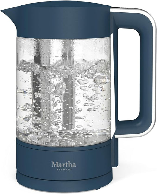 Martha Stewart Electric Kettle with Removable Stainless Steel Tea Infuser, Glass Carafe 1.7L (7 Cups), Hot Water Boiler, 4 Presets,  Keep Warm & Auto Shut-Off, Cordless 360° Swivel Base, Indigo Blue