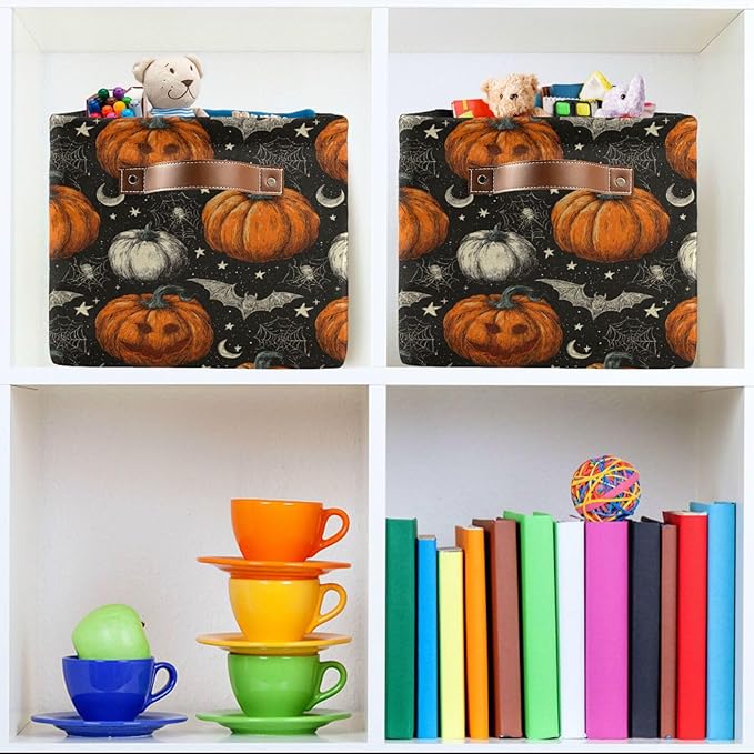 Aslsiy Storage Basket Halloween Jack O Lantern Spider Nursery Bins Black Baby Box Canvas Clothes Shelf Basket Laundry Hampers 1 Pcs